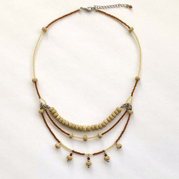 Sweet Honey 3-Tier Layered Neutral Tone Glass Bead Necklace 18-20” - Picture 3 of 3